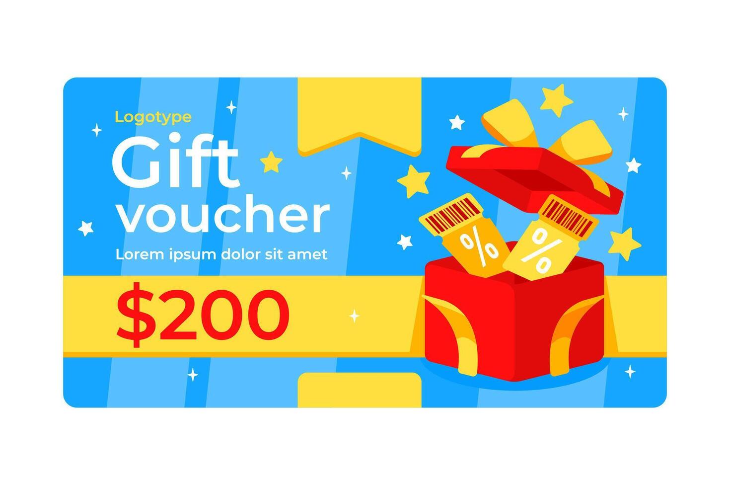 Special Shopping Treat 200 Gift Voucher with a Festive Box and Discount Tickets Design vector