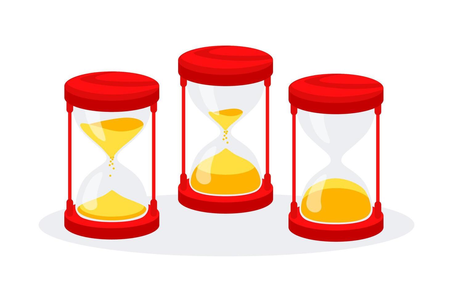 Showing three hourglasses with sand at different levels, symbolizing passing time. Vector illustration