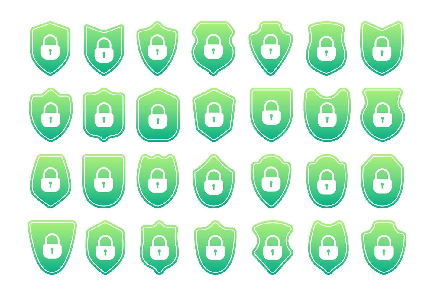 Set of green security shields with padlock icons, representing digital protection and encryption vector