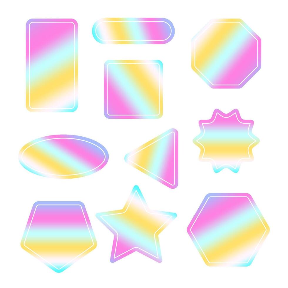 Assorted holographic geometric shapes with a vibrant pastel gradient, ideal for modern design elements vector