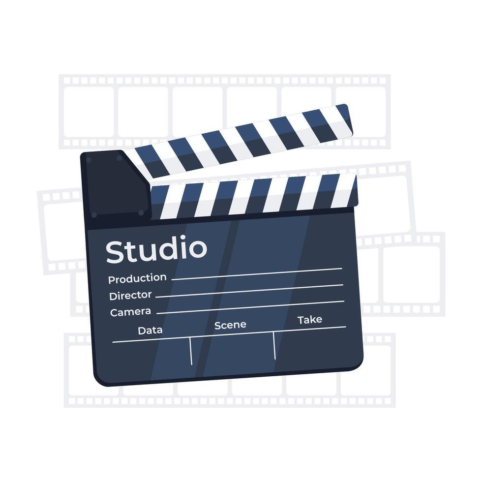 Classic black and white film clapperboard with filmstrip background, a symbol of movie production. Vector illustration