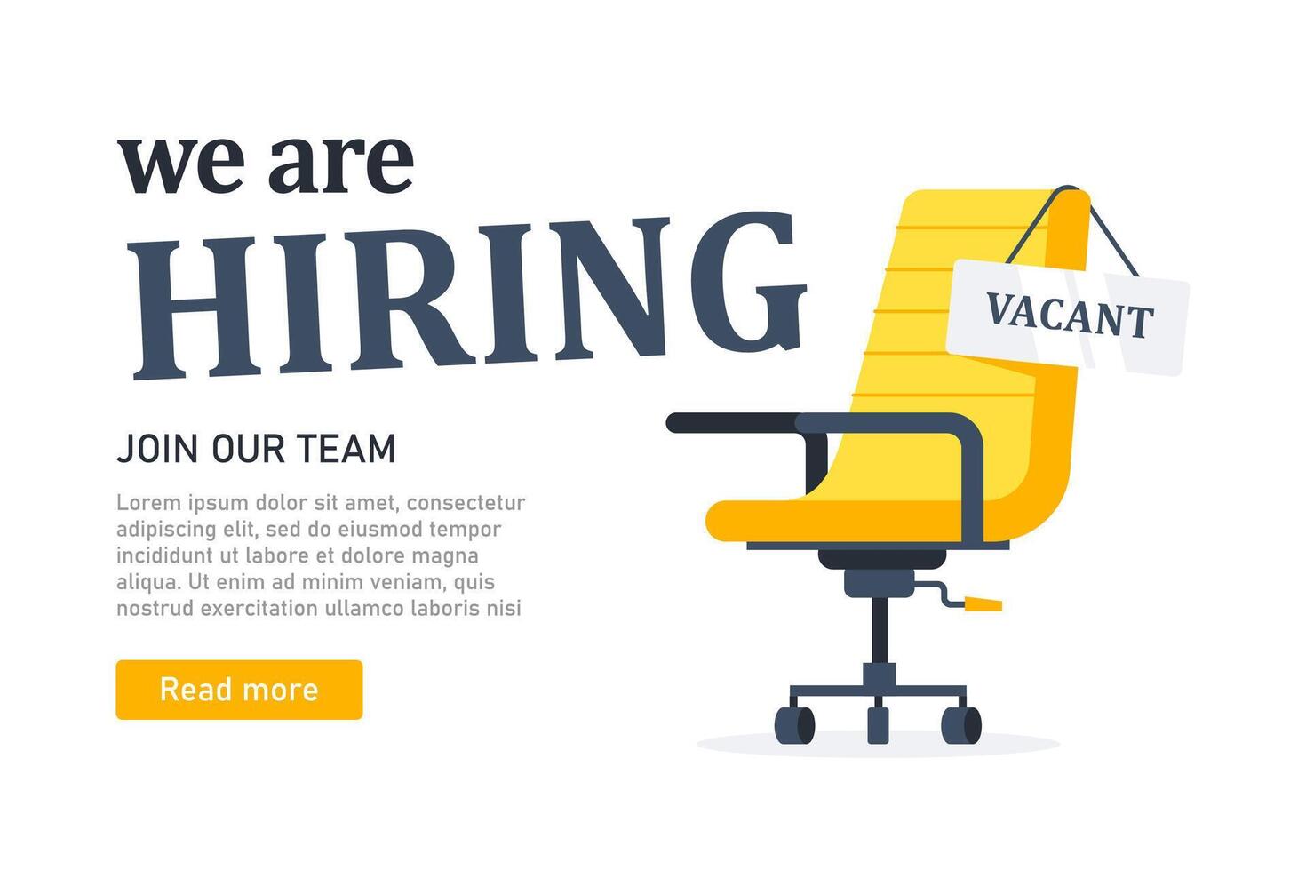 We Are Hiring advertisement featuring a yellow office chair with a Vacant sign vector