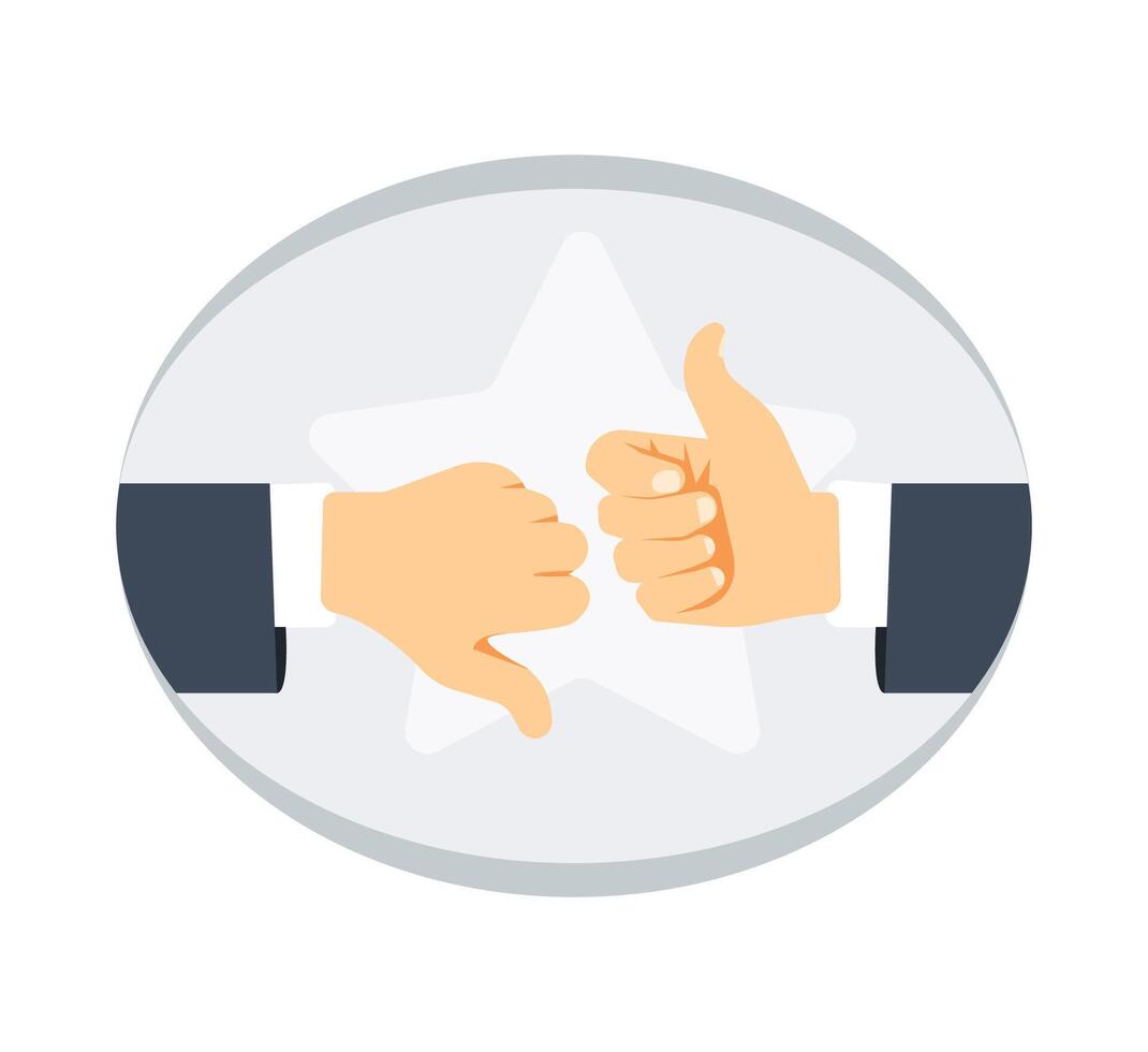 Hands giving thumbs up and thumbs down in a rating icon with star background vector