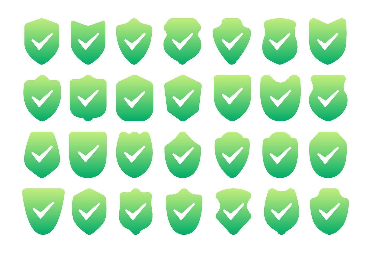 Collection of green shield shapes with checkmarks, representing safety, security, and verification vector