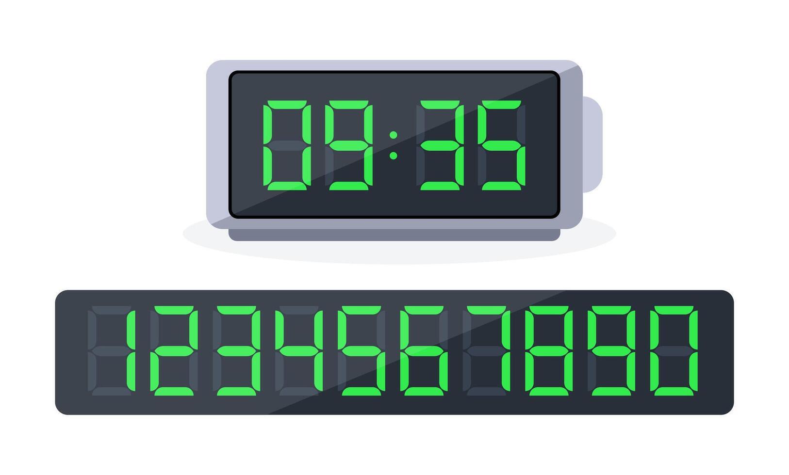 Digital clock and set of glowing numbers. Alarm clock. Countdown timer, hours and minutes. LED watch screen. Vector illustration