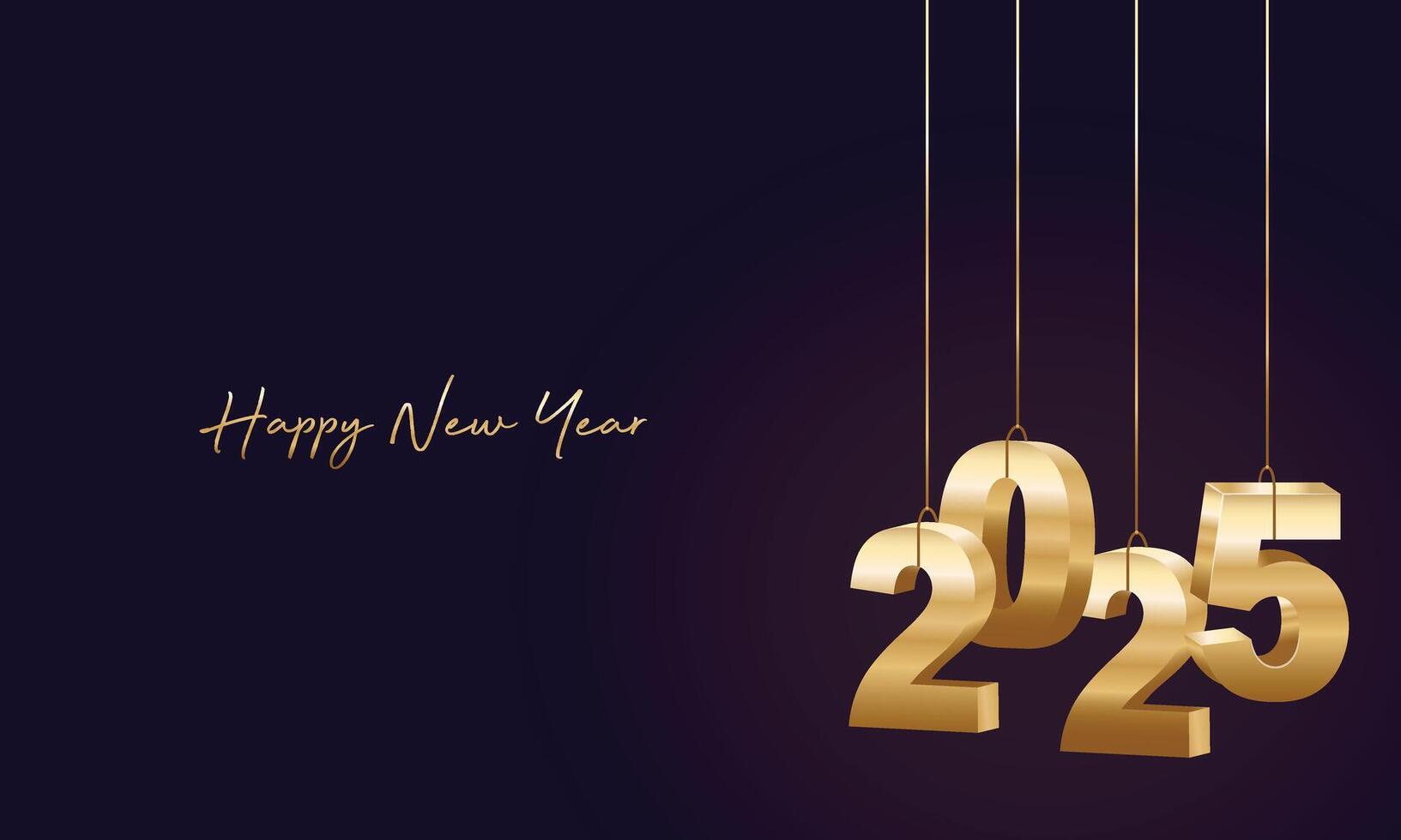 Happy New Year 2025. Hanging golden 3D numbers with black background. vector