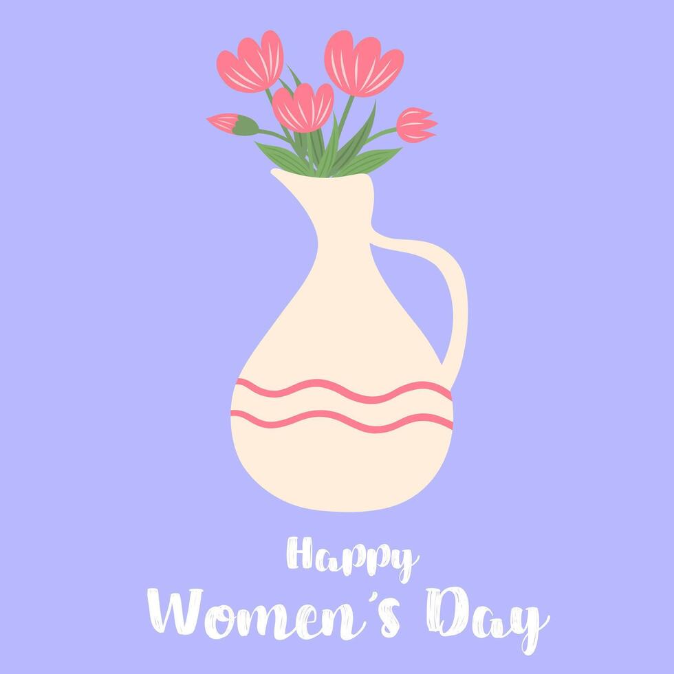 International women's day greeting card wit bouquet of tulips in vase. Hand drawn flat flowers. vector