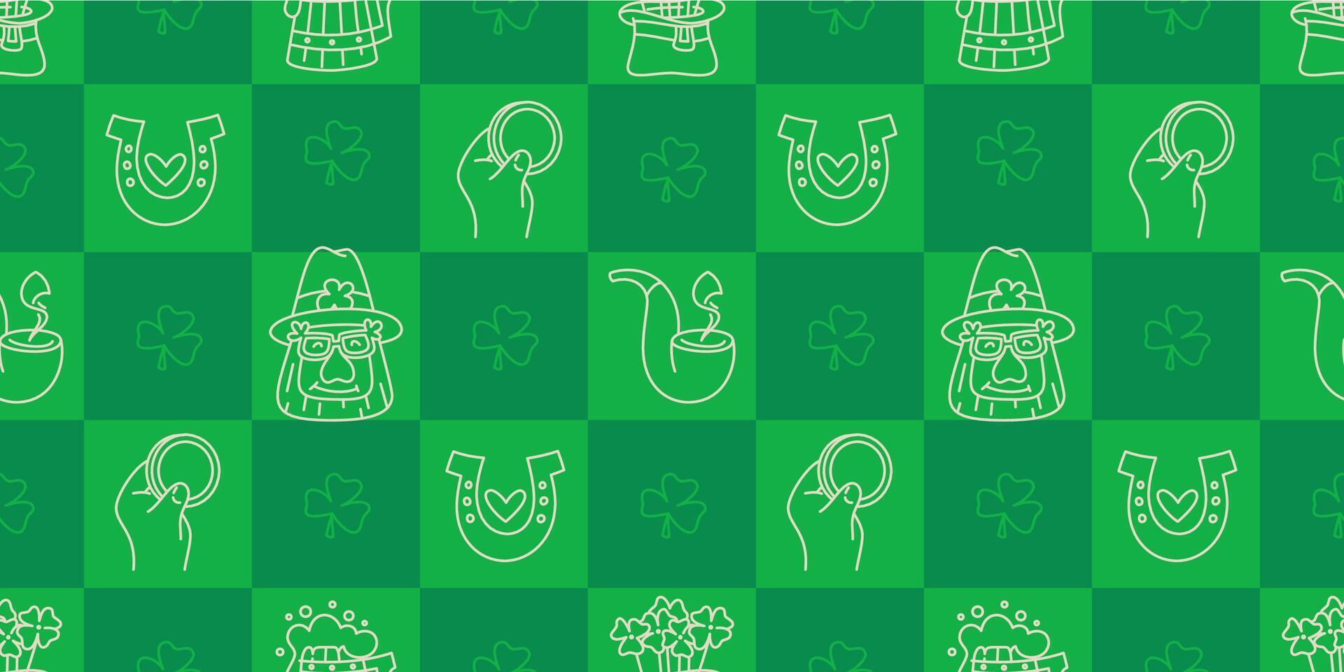 St Patricks Day funny seamless pattern with a checkered green background and cute hand-drawn Irish holiday icons, symbols, and elements vector