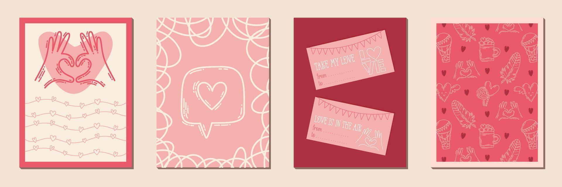 Valentines Day doodle style printable posters set with hand-drawn cute love icons and design elements. vector