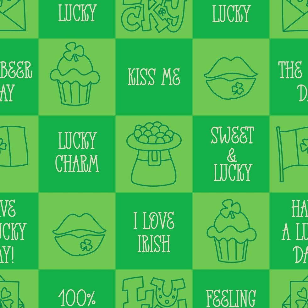 St Patricks Day funny seamless pattern with a checkered green background and cute hand-drawn Irish holiday quotes, icons, symbols, and elements. vector