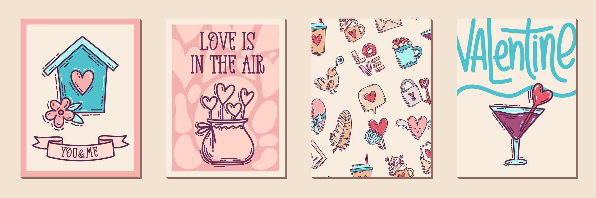 Valentines Day doodle style printable posters set with hand-drawn cute love icons and design elements. vector