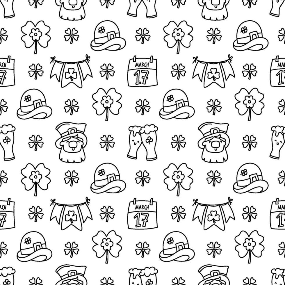 St Patricks day doodle style seamless pattern in black and white, hand-drawn icons background, cute Irish holiday symbols and elements collection. vector