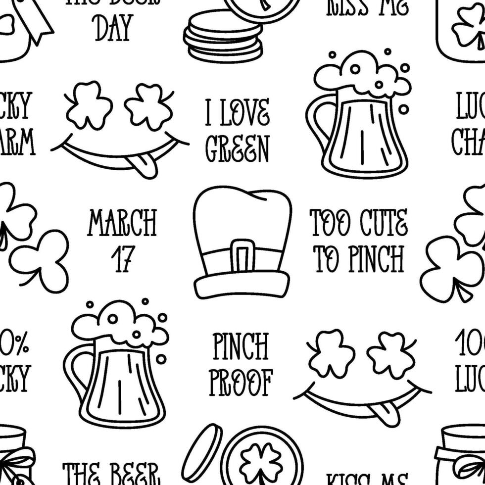 St Patricks day doodle style seamless pattern in black and white, hand-drawn icons background, cute Irish holiday symbols and elements collection. vector