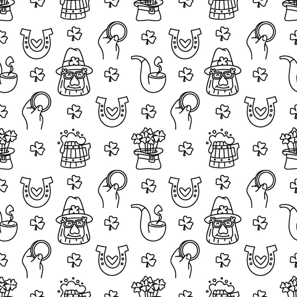 St Patricks day doodle style seamless pattern in black and white, hand-drawn icons background, cute Irish holiday symbols and elements collection. vector