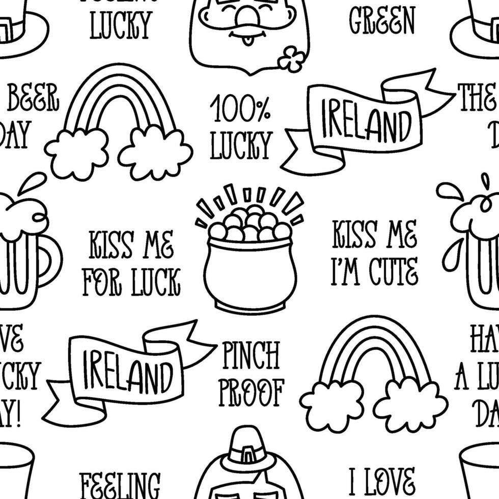 St Patricks day doodle style seamless pattern in black and white, hand-drawn icons background, cute Irish holiday symbols and elements collection. vector