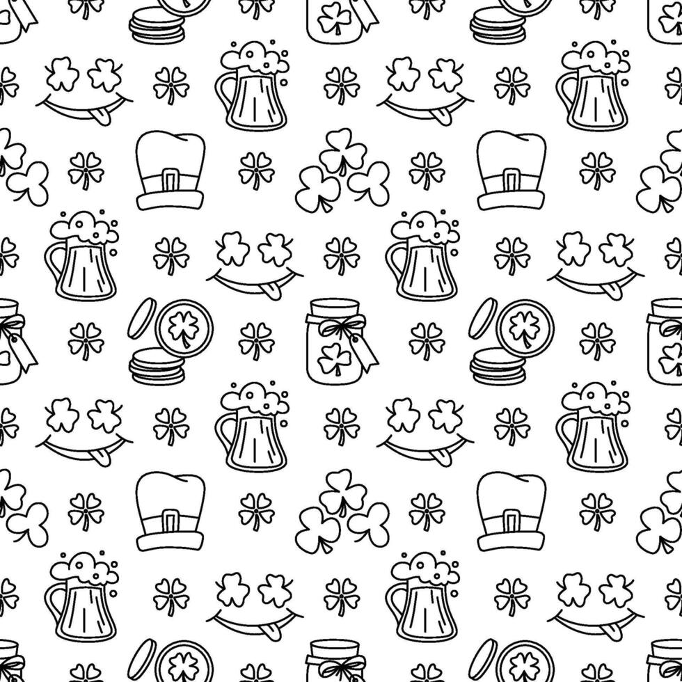 St Patricks day doodle style seamless pattern in black and white, hand-drawn icons background, cute Irish holiday symbols and elements collection. vector