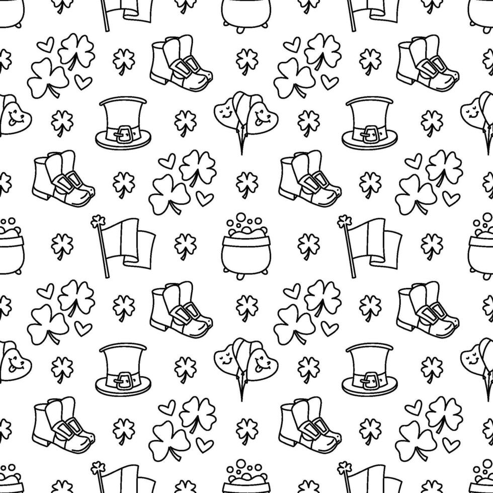 St Patricks day doodle style seamless pattern in black and white, hand-drawn icons background, cute Irish holiday symbols and elements collection. vector