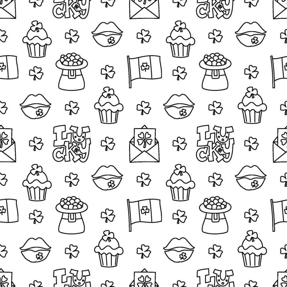 St Patricks day doodle style seamless pattern in black and white, hand-drawn icons background, cute Irish holiday symbols and elements collection. vector
