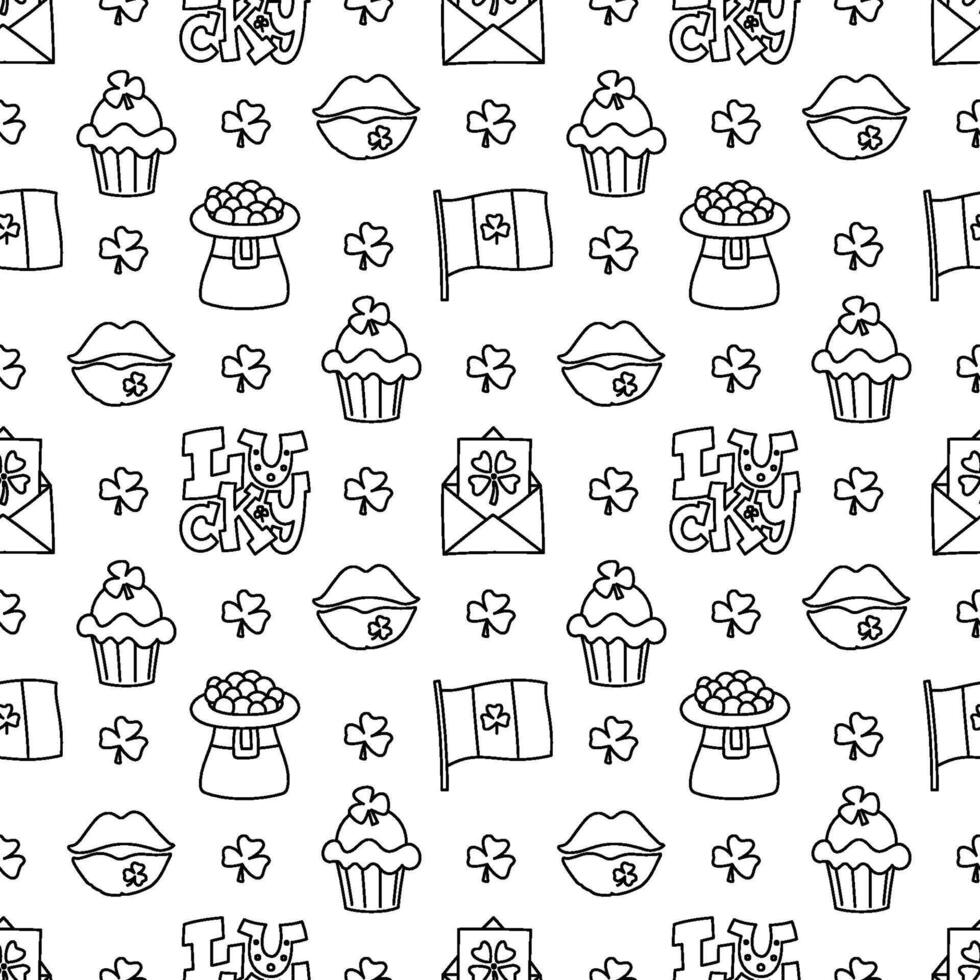 St Patricks day doodle style seamless pattern in black and white, hand-drawn icons background, cute Irish holiday symbols and elements collection. vector