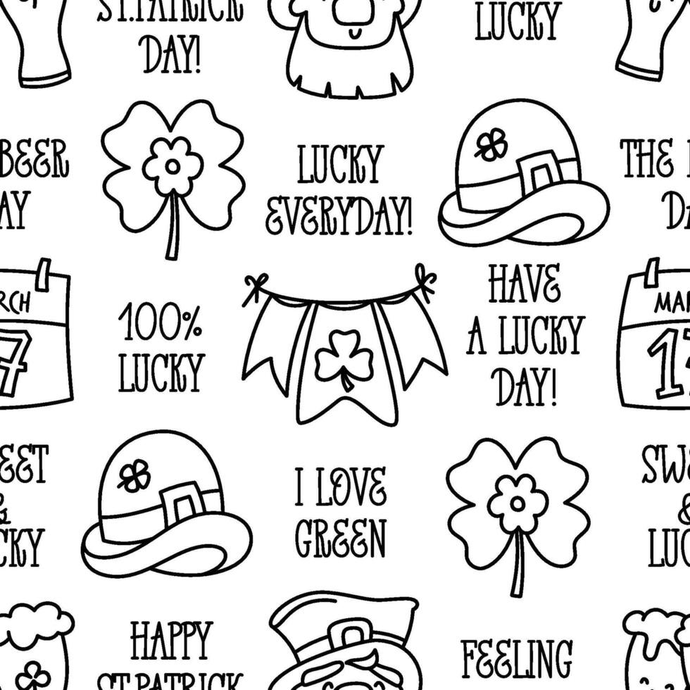 St Patricks day doodle style seamless pattern in black and white, hand-drawn icons and quotes background, cute Irish holiday symbols and elements collection. vector