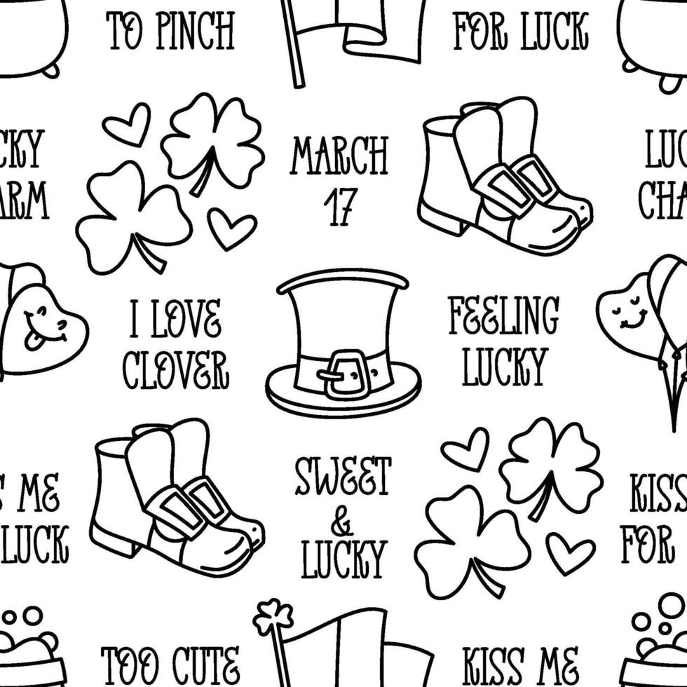 St Patricks day doodle style seamless pattern in black and white, hand-drawn icons background, cute Irish holiday symbols and elements collection. vector