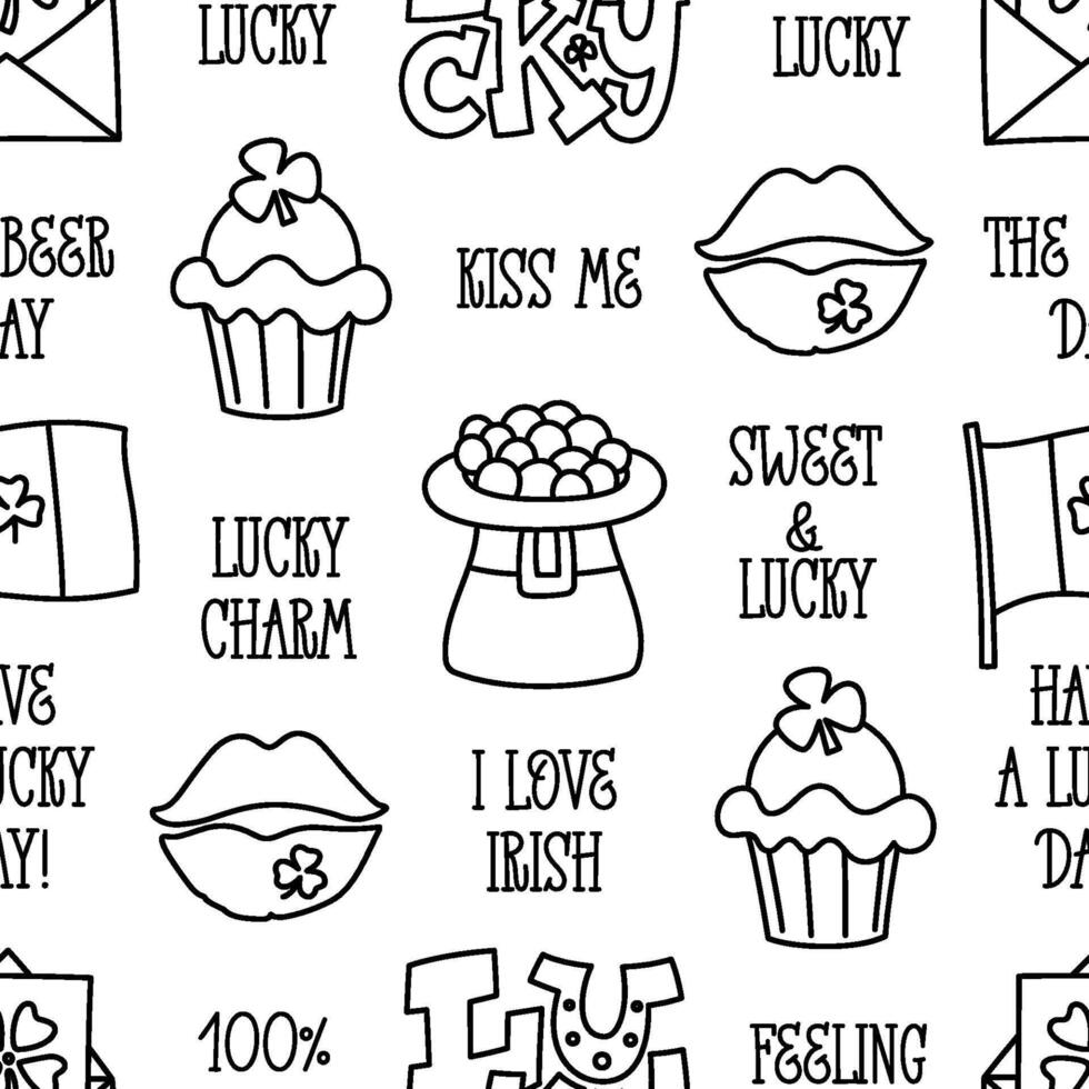 St Patricks day doodle style seamless pattern in black and white, hand-drawn icons background, cute Irish holiday symbols and elements collection. vector