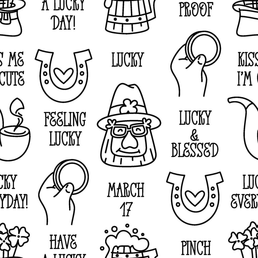 St Patricks day doodle style seamless pattern in black and white, hand-drawn icons and quotes background, cute Irish holiday symbols and elements collection. vector