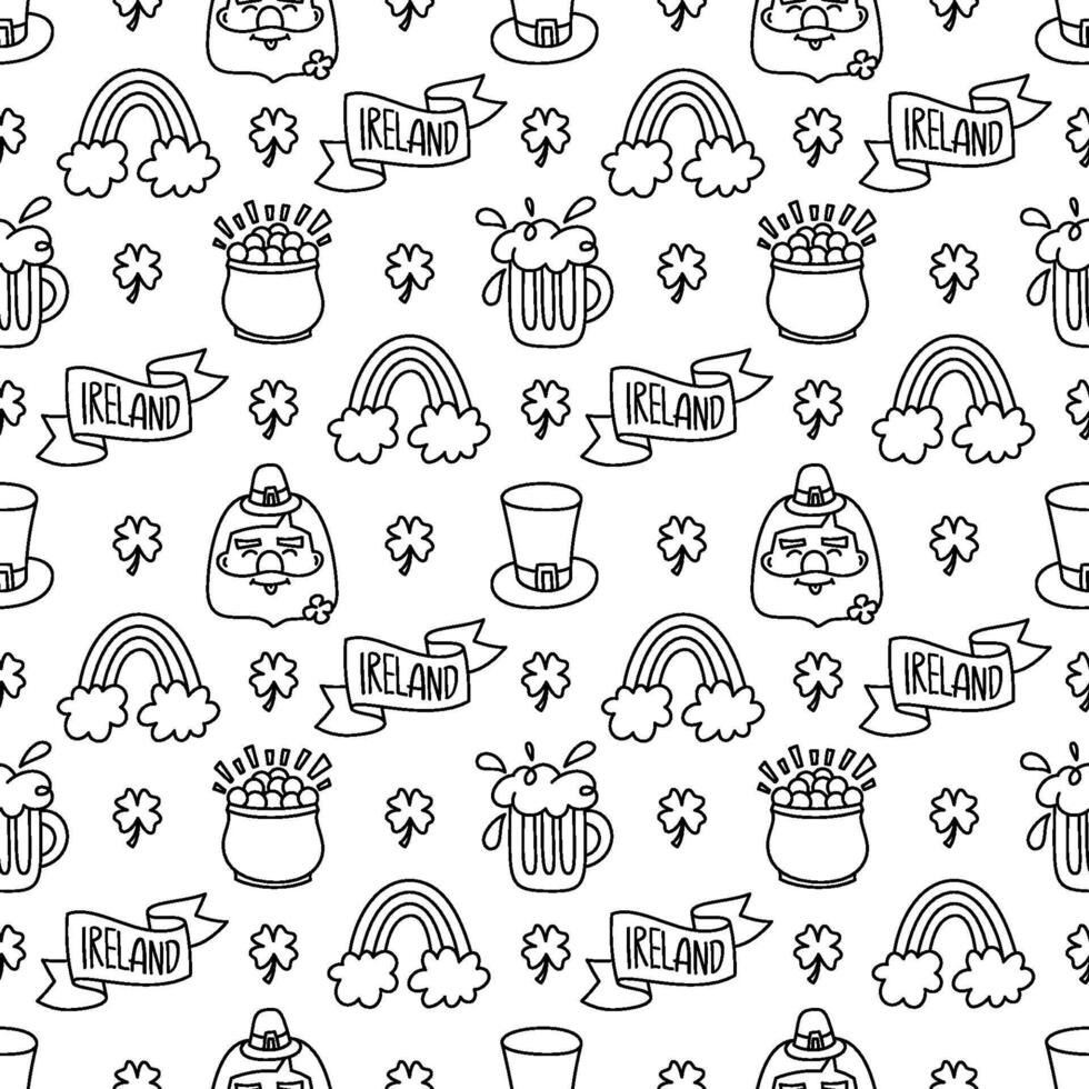 St Patricks day doodle style seamless pattern in black and white, hand-drawn icons background, cute Irish holiday symbols and elements collection. vector
