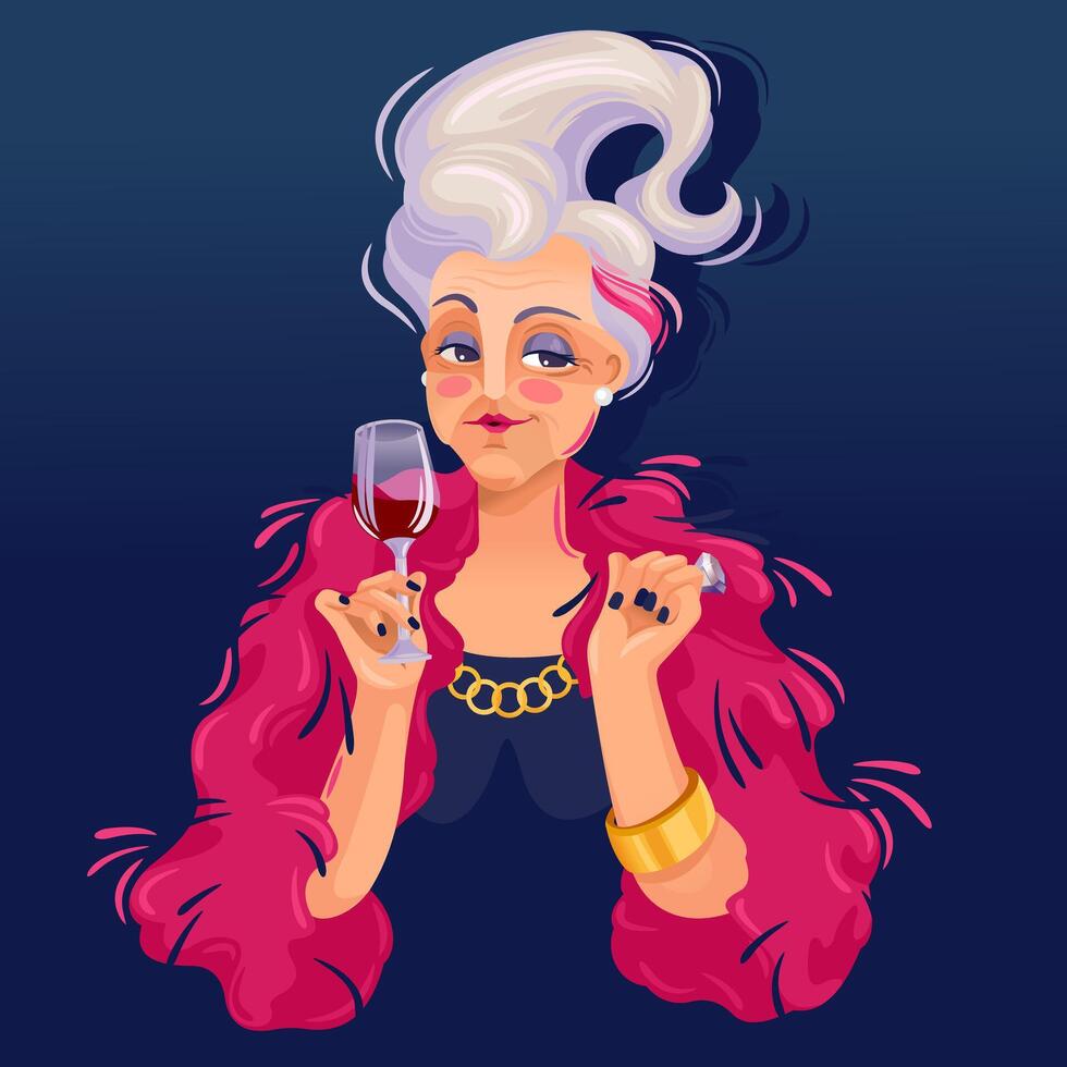 Bohemia Old Lady with Wine Illustrator Artwork vector