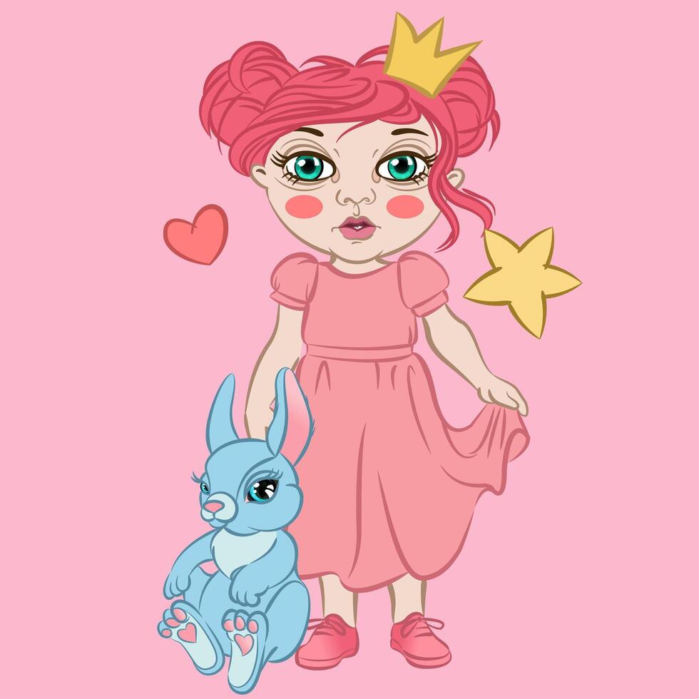 Little Pink Princess and Rabbit Illustrator Artwork vector