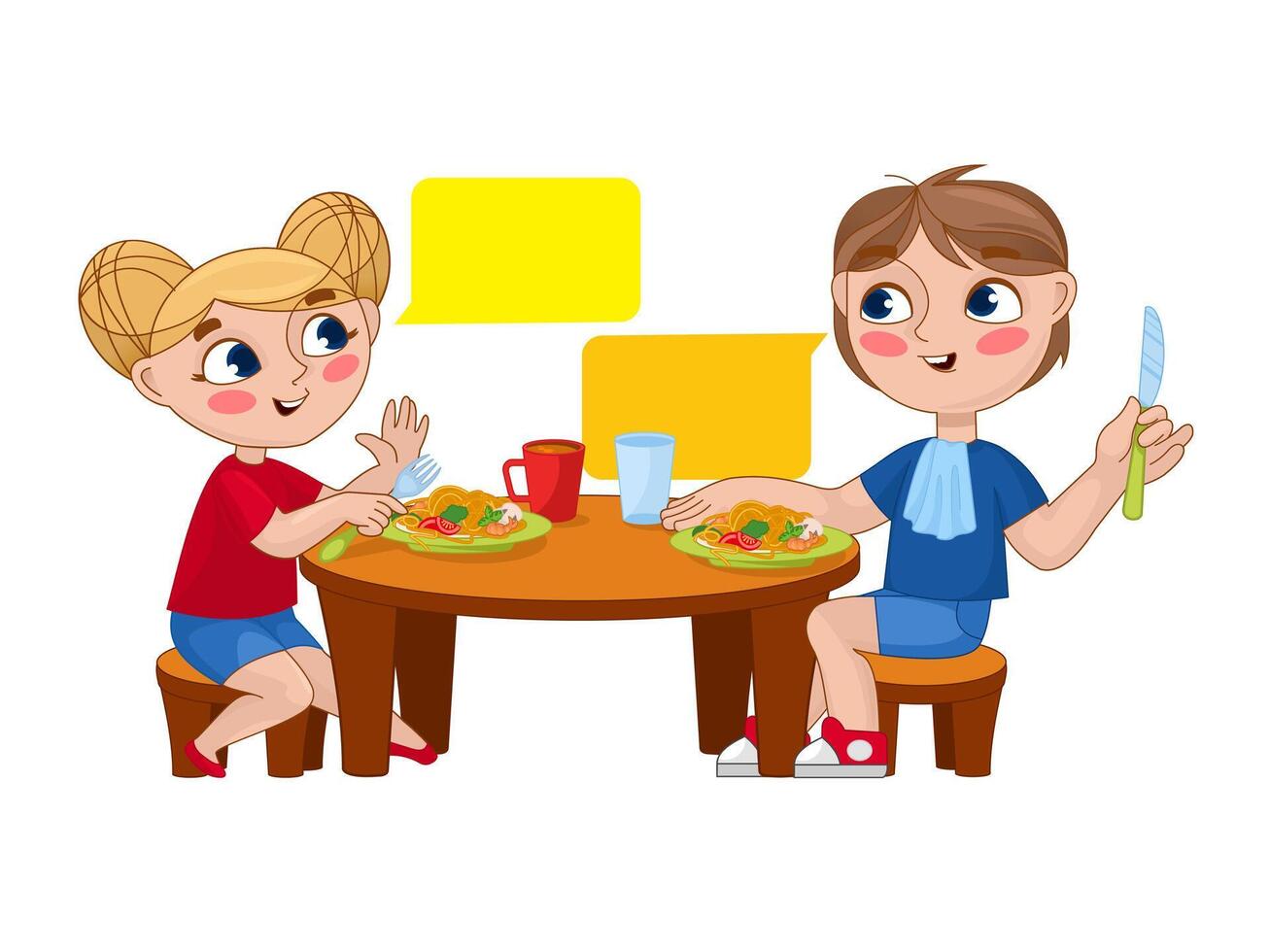 niños a un comida. un chico y un niña comiendo a el comida mesa ilustrador obra de arte vector