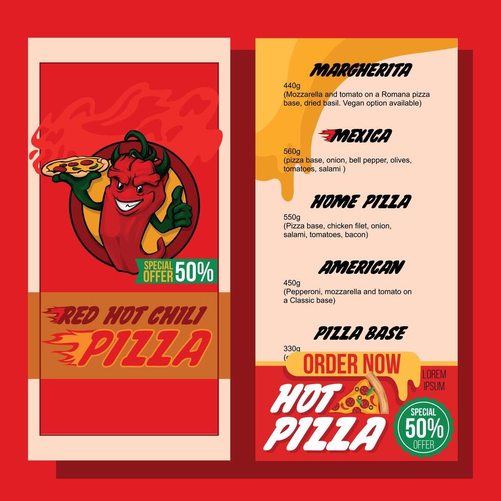 menú rojo caliente chile Pizza vector