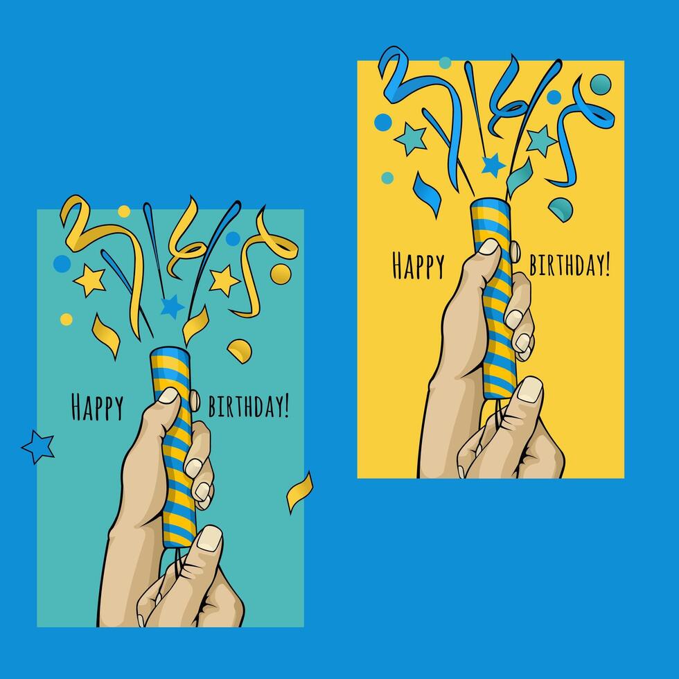 Birthday cards. The hand launches a firecracker. Invitations. vector
