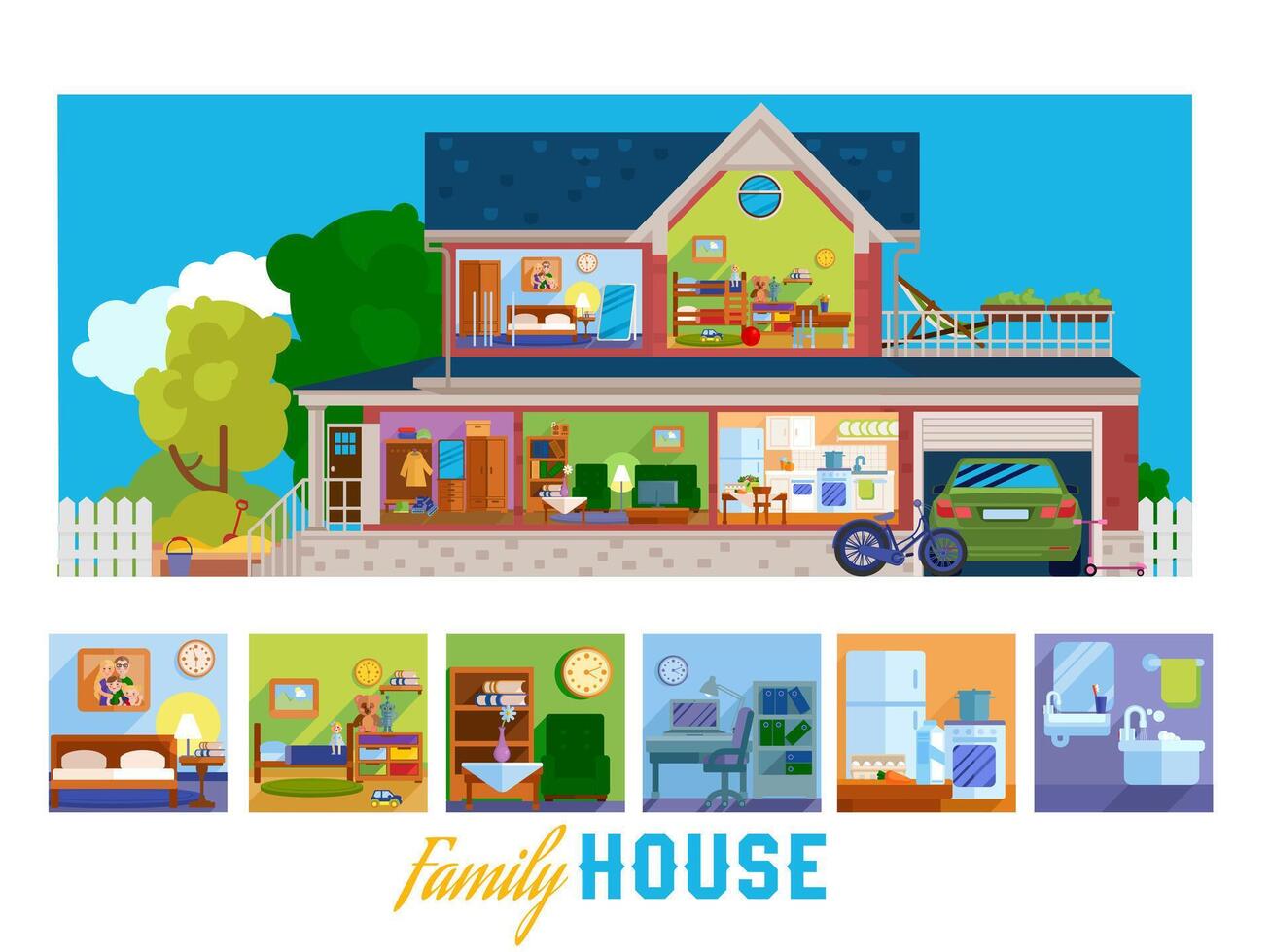 Family house. Illustration with rooms of large two-story house with garage Illustrator Artwork vector