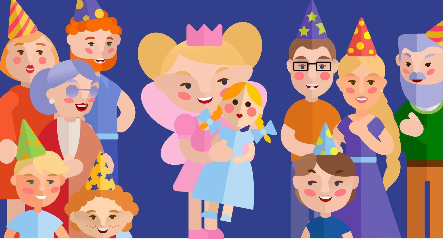 Birthday. Birthday girl in the circle of family and friends accept congratulations vector