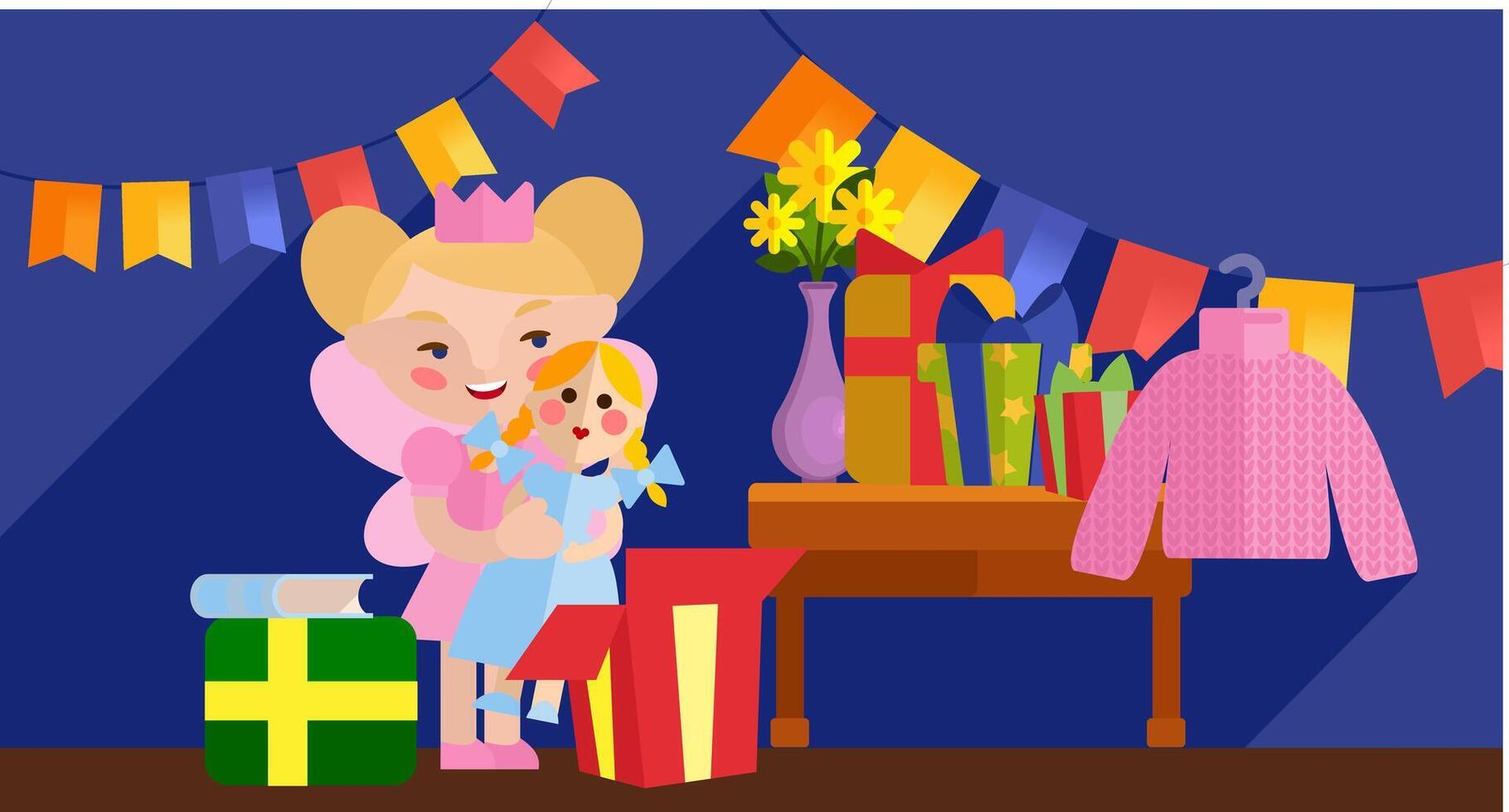 Birthday. A cute little girl unwrapping her presents vector