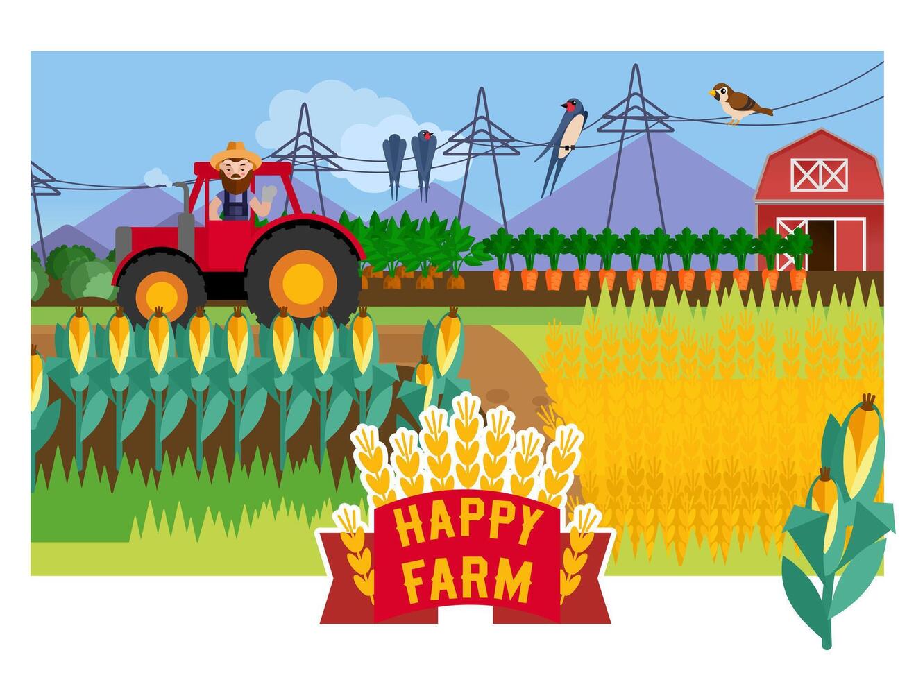 Happy farm. Farm work, farmer on tractor harvesting crops. vector