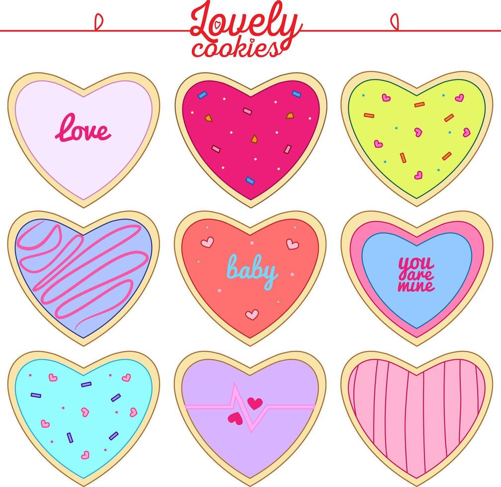 Pack of icon cookies for 14 february or wedding in heart shape with different theme colors like pink, violet, blue and with inscriptions vector