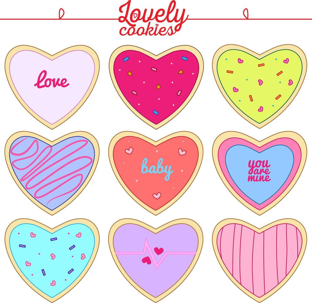 paquete de icono galletas para 14 febrero o Boda en corazón forma con diferente tema colores me gusta rosa, Violeta, azul y con inscripciones vector