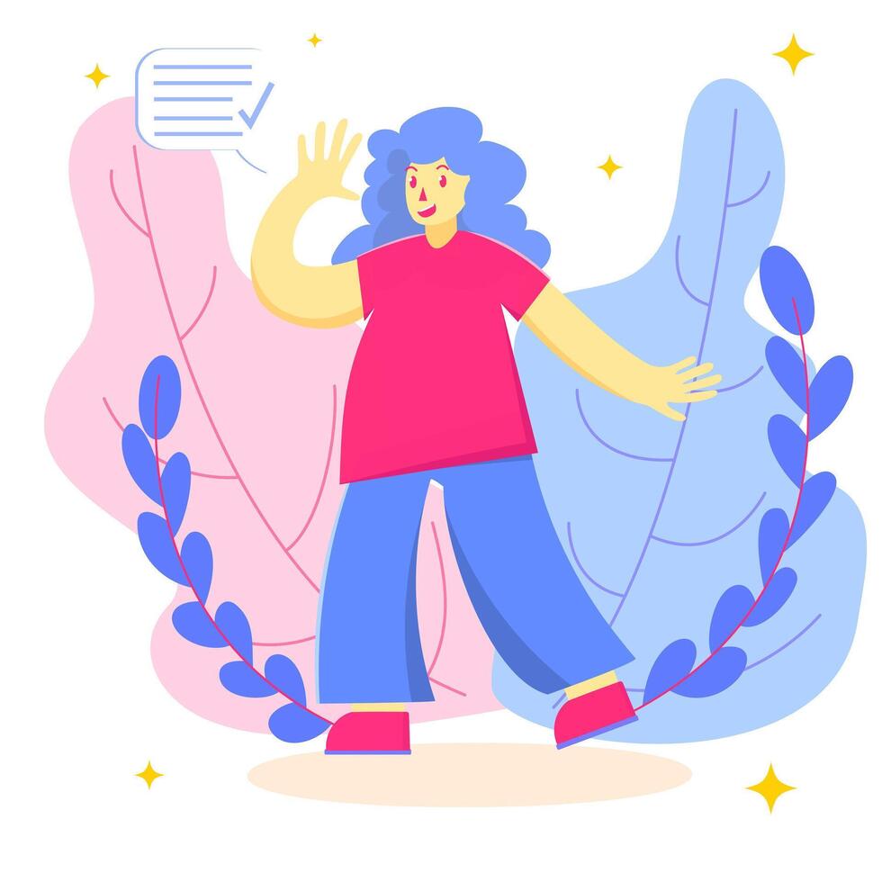 Vector illustration with a girl in flat color on a background of plants in blue and pink colors with dialogue