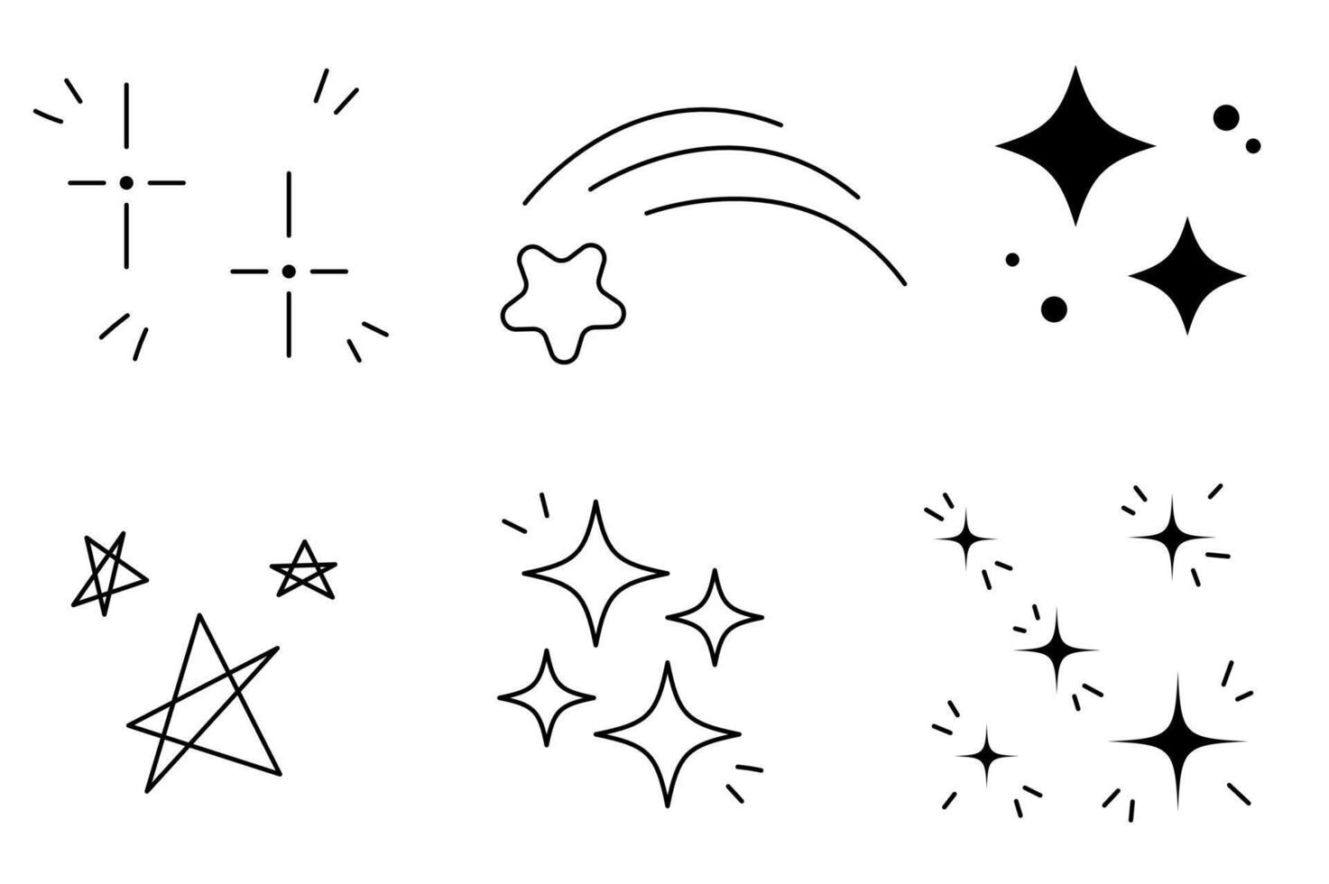 Black and white vector icon set with stars and glitter in doodle style. Constellation, starfall, dots, dashes