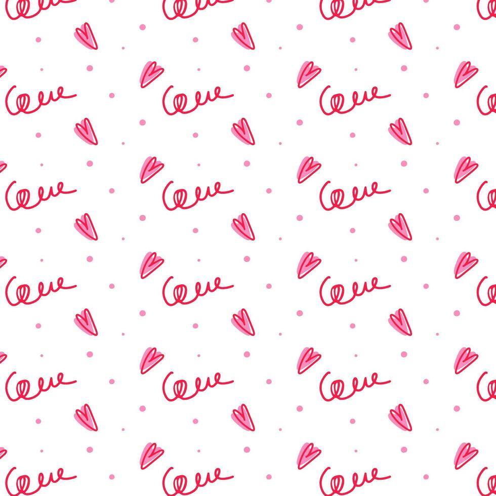 Seamless pattern with pink hearts in vector, inscription love and other dots for Valentine's day vector