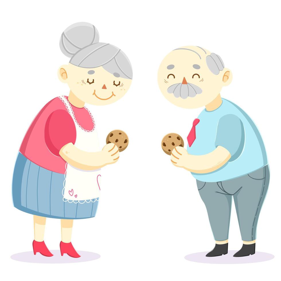 mayor Pareja sonriente abuelita y abuelo en vector, en linda estilo con galletas vector