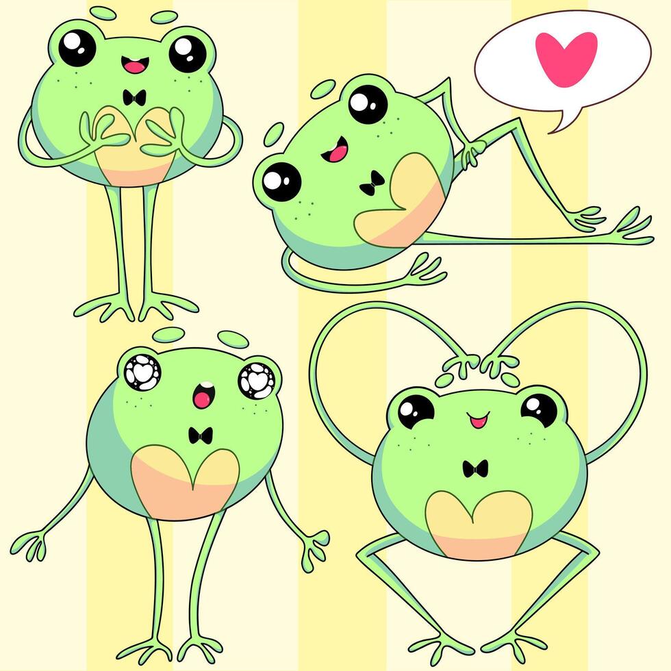 Pack with different elegant frogs in lots of poses and special heart-bubble vector