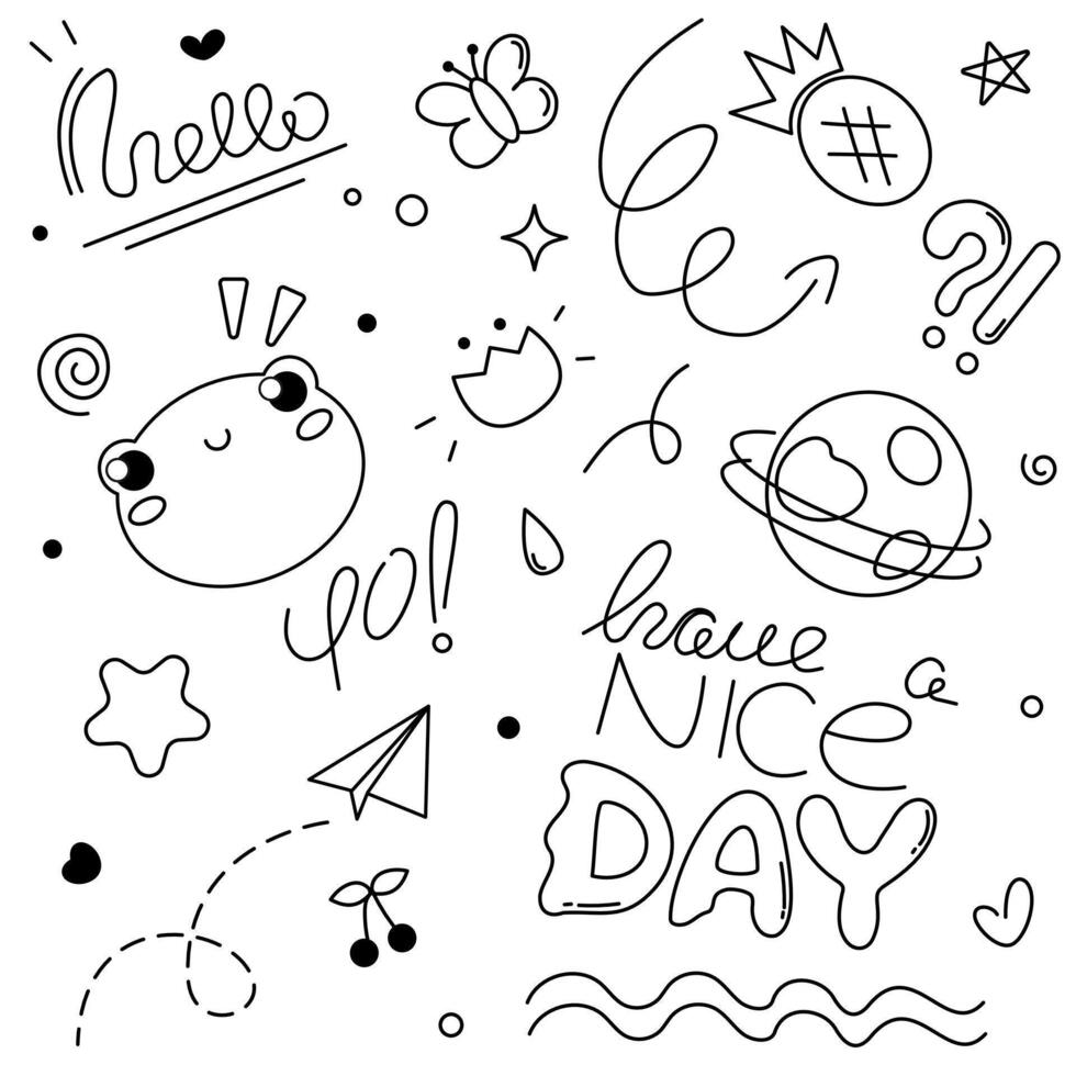 Black and white vector set in doodle style with various hand drawn objects. Dashes, plane, travel, frog, star, heart, curls, arrows, inscriptions