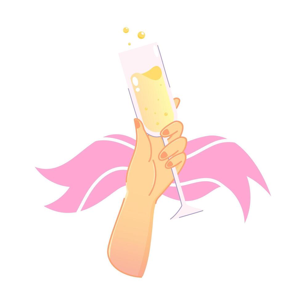 Color vector illustration of a glass of champagne or lemonade in hand on an abstract background