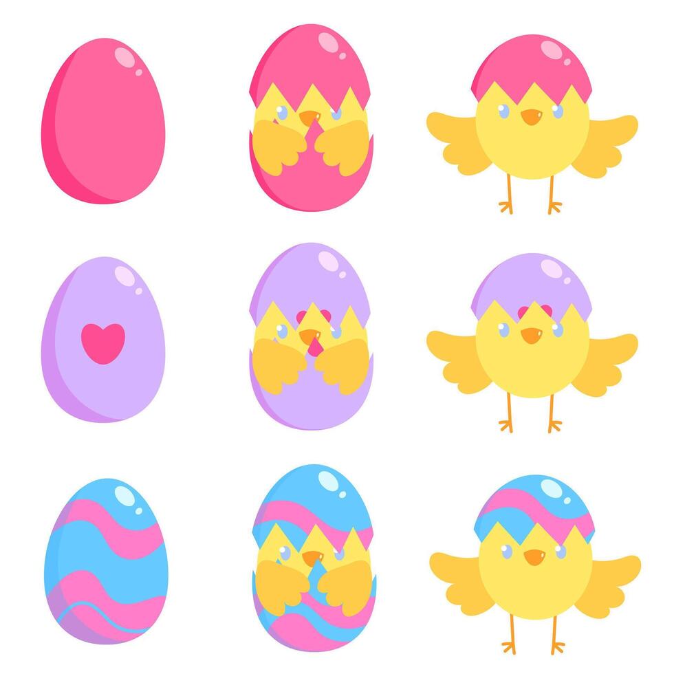 Vector color set with illustrations of Easter chick in various colors