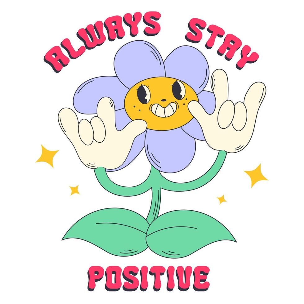 Groovy style color vector illustration with flower with smile and lettering
