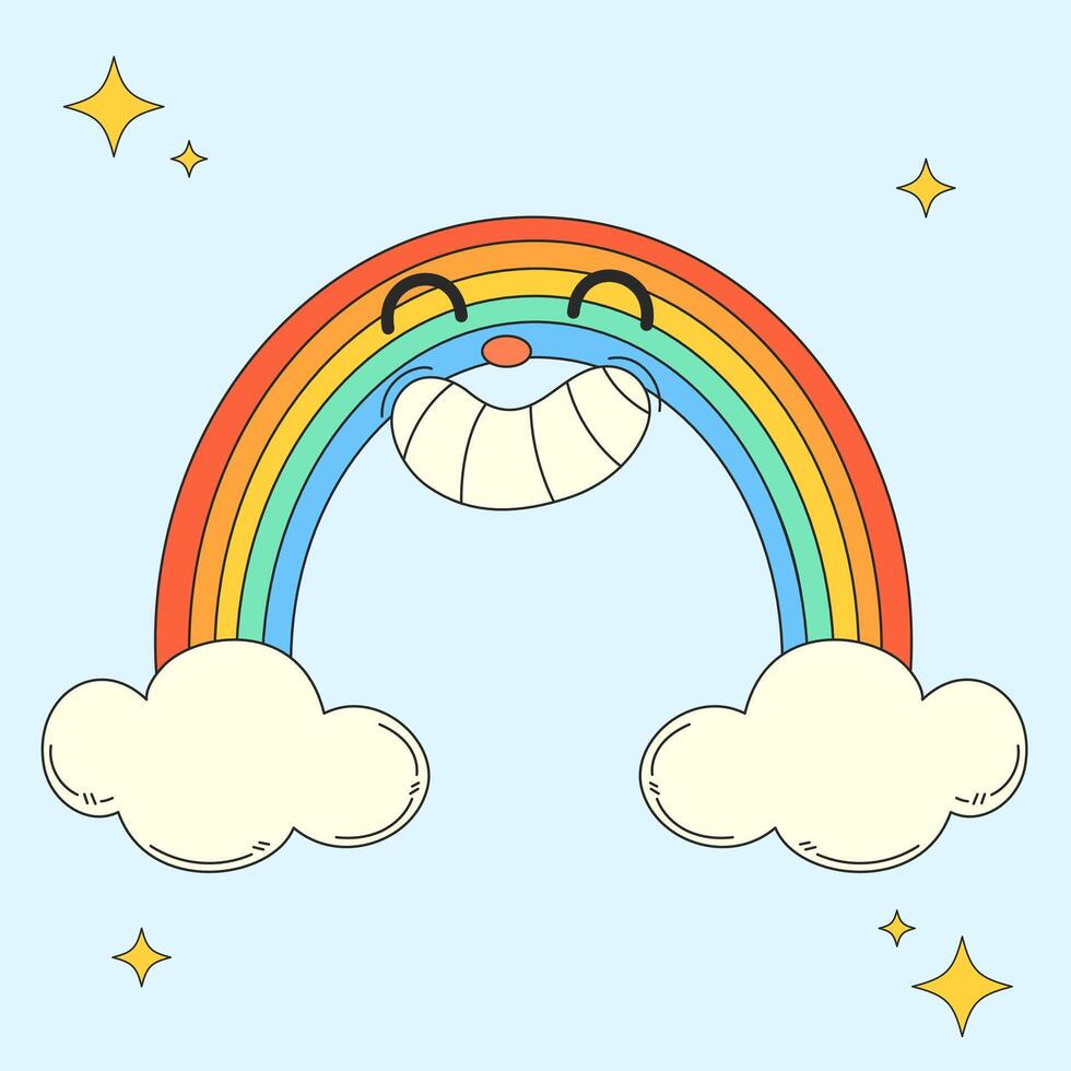 Colored vector illustration with rainbow in groovy style
