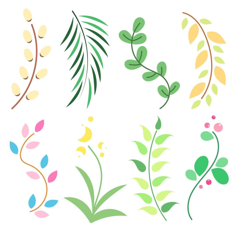 Vector color set of icons with various twigs, plants and flowers